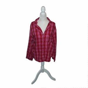Victoria's Secret Medium Pink and Red Plaid Button-Up V-Neck Long-Sleeve Top
